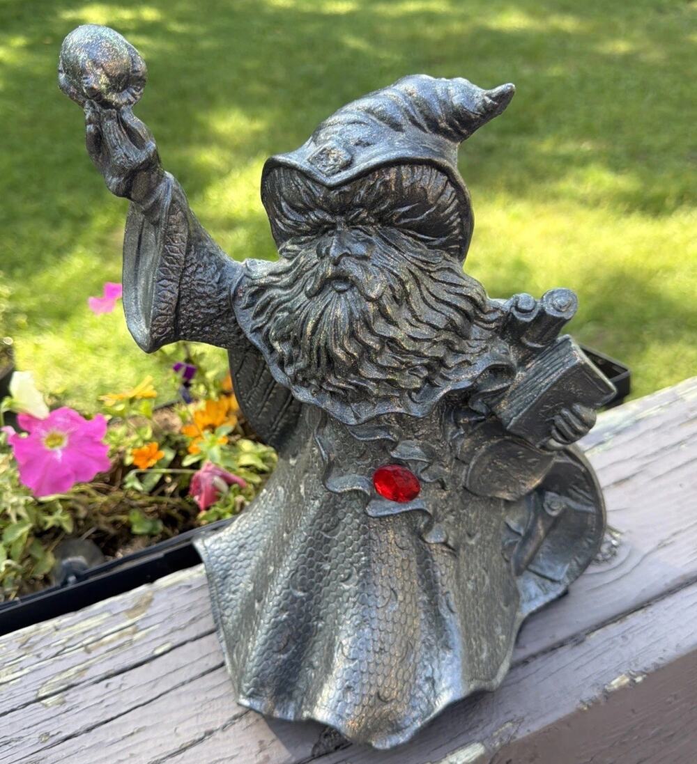 VTG Merlin Wizard Statue 13" Red Crystal Orb Spell Book Gothic Fantasy Sorcerer